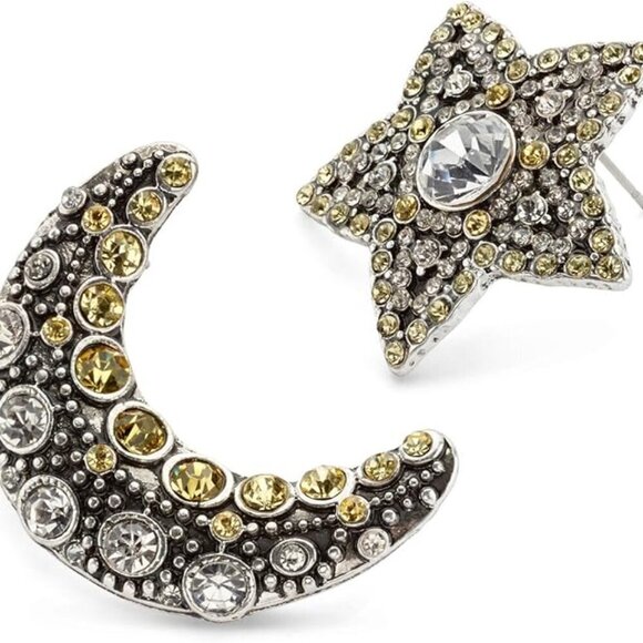 7 Charming Sisters"Solar Eclipse Earrings" Silver Plated Crystal Star & Moon Ear - Picture 1 of 6